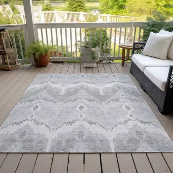 8' X 10' Silver And Gray Ikat Washable Indoor Outdoor Area Rug