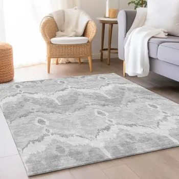 8' X 10' Silver And Gray Ikat Washable Indoor Outdoor Area Rug