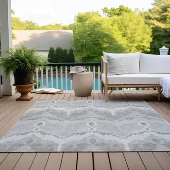 9' X 12' Silver And Gray Ikat Washable Indoor Outdoor Area Rug