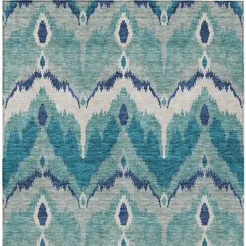 3' X 5' Teal Blue Navy Blue And Ivory Ikat Washable Indoor Outdoor Area Rug