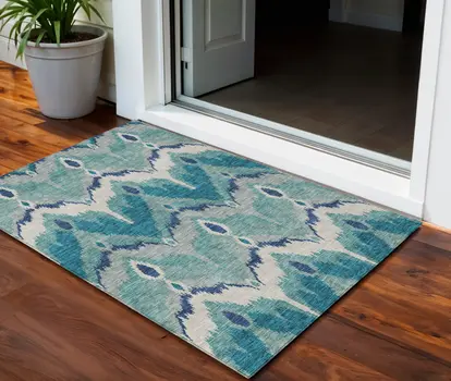 3' X 5' Teal Blue Navy Blue And Ivory Ikat Washable Indoor Outdoor Area Rug
