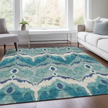 3' X 5' Teal Blue Navy Blue And Ivory Ikat Washable Indoor Outdoor Area Rug