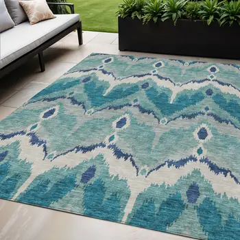 5' X 8' Teal Blue Navy Blue And Ivory Ikat Washable Indoor Outdoor Area Rug
