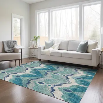5' X 8' Teal Blue Navy Blue And Ivory Ikat Washable Indoor Outdoor Area Rug