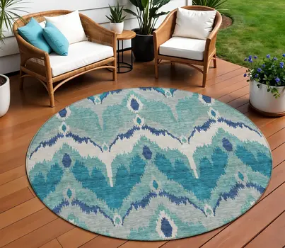 8' Teal Blue Navy Blue And Ivory Round Ikat Washable Indoor Outdoor Area Rug