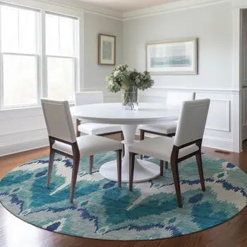 8' Teal Blue Navy Blue And Ivory Round Ikat Washable Indoor Outdoor Area Rug