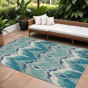 8' X 10' Teal Blue Navy Blue And Ivory Ikat Washable Indoor Outdoor Area Rug