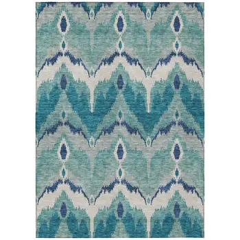 8' X 10' Teal Blue Navy Blue And Ivory Ikat Washable Indoor Outdoor Area Rug