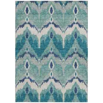 8' X 10' Teal Blue Navy Blue And Ivory Ikat Washable Indoor Outdoor Area Rug