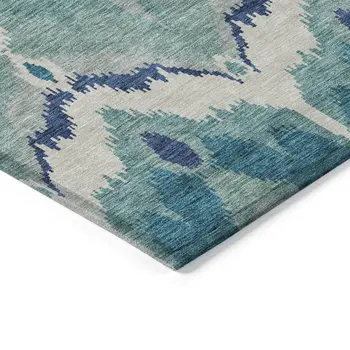 10' X 14' Teal Blue Navy Blue And Ivory Ikat Washable Indoor Outdoor Area Rug