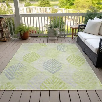 8' X 10' Artichoke Green And Ivory Floral Washable Indoor Outdoor Area Rug