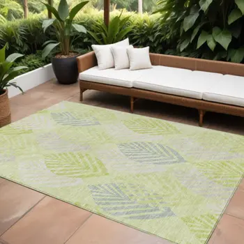 9' X 12' Artichoke Green And Ivory Floral Washable Indoor Outdoor Area Rug