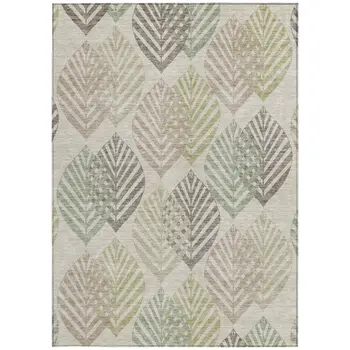 3' X 5' Beige Taupe And Artichoke Green Floral Washable Indoor Outdoor Area Rug