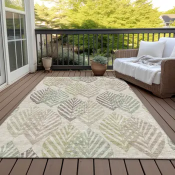 3' X 5' Beige Taupe And Artichoke Green Floral Washable Indoor Outdoor Area Rug