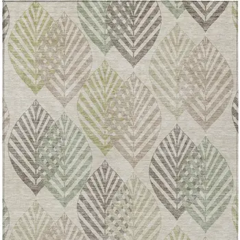3' X 5' Beige Taupe And Artichoke Green Floral Washable Indoor Outdoor Area Rug
