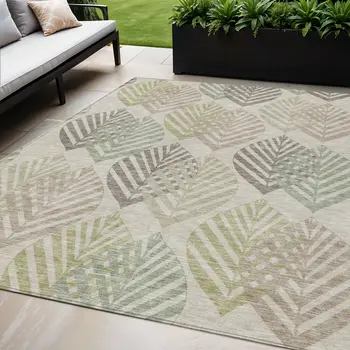 5' X 8' Beige Taupe And Artichoke Green Floral Washable Indoor Outdoor Area Rug