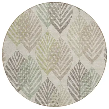 8' Beige Taupe And Artichoke Green Round Floral Washable Indoor Outdoor Area Rug