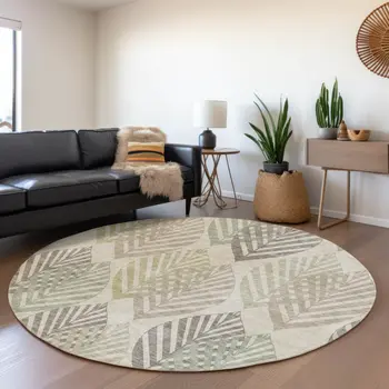 8' Beige Taupe And Artichoke Green Round Floral Washable Indoor Outdoor Area Rug
