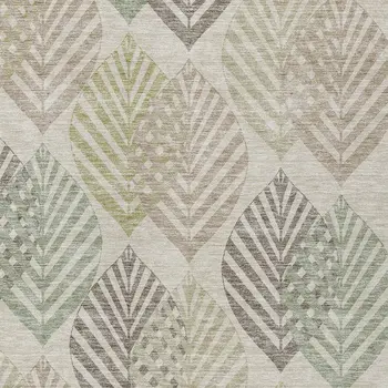 9' X 12' Beige Taupe And Artichoke Green Floral Washable Indoor Outdoor Area Rug