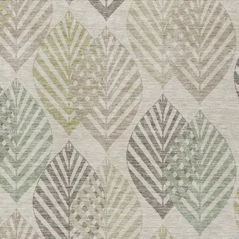 10' X 14' Beige Taupe And Artichoke Green Floral Washable Indoor Outdoor Area Rug
