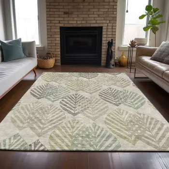 10' X 14' Beige Taupe And Artichoke Green Floral Washable Indoor Outdoor Area Rug