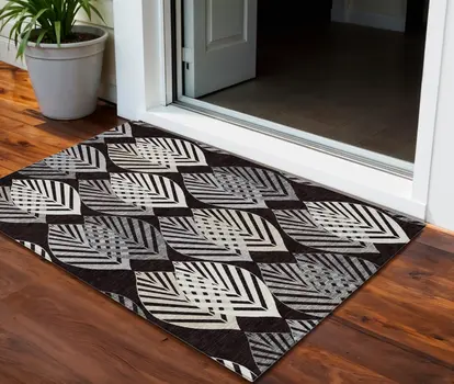 3' X 5' Black Silver And Charcoal Floral Washable Indoor Outdoor Area Rug