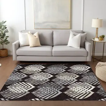 5' X 8' Black Silver And Charcoal Floral Washable Indoor Outdoor Area Rug