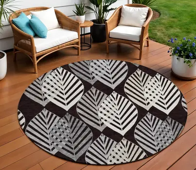 8' Black Silver And Charcoal Round Floral Washable Indoor Outdoor Area Rug