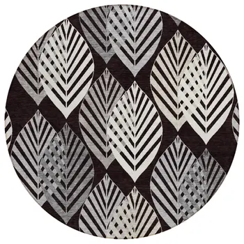 8' Black Silver And Charcoal Round Floral Washable Indoor Outdoor Area Rug