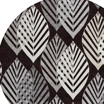 8' Black Silver And Charcoal Round Floral Washable Indoor Outdoor Area Rug