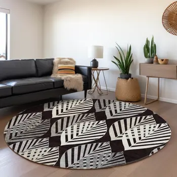 8' Black Silver And Charcoal Round Floral Washable Indoor Outdoor Area Rug