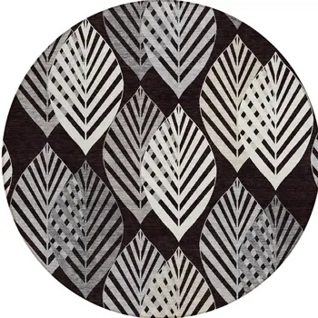 8' Black Silver And Charcoal Round Floral Washable Indoor Outdoor Area Rug