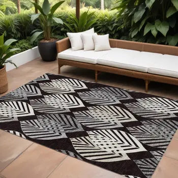 8' X 10' Black Silver And Charcoal Floral Washable Indoor Outdoor Area Rug