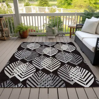10' X 14' Black Silver And Charcoal Floral Washable Indoor Outdoor Area Rug