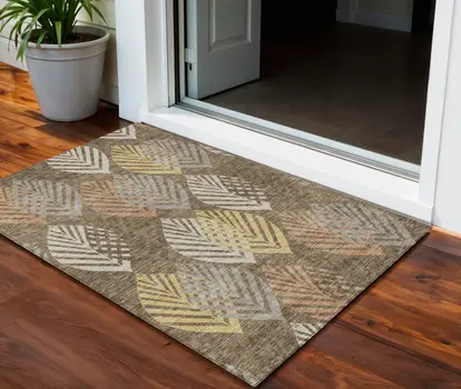 3' X 5' Chocolate Beige And Gray Floral Washable Indoor Outdoor Area Rug