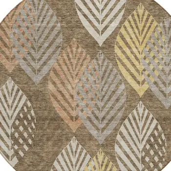8' Chocolate Beige And Gray Round Floral Washable Indoor Outdoor Area Rug