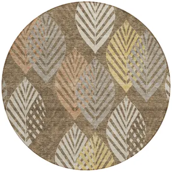 8' Chocolate Beige And Gray Round Floral Washable Indoor Outdoor Area Rug