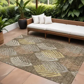 10' X 14' Chocolate Beige And Gray Floral Washable Indoor Outdoor Area Rug