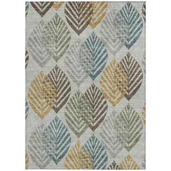 5' X 8' Gray Silver And Teal Blue Floral Washable Indoor Outdoor Area Rug