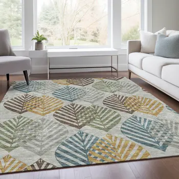 5' X 8' Gray Silver And Teal Blue Floral Washable Indoor Outdoor Area Rug