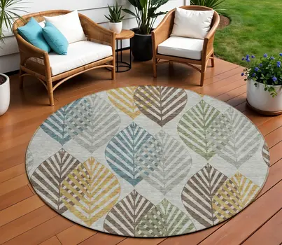 8' Gray Silver And Teal Blue Round Floral Washable Indoor Outdoor Area Rug