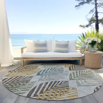 8' Gray Silver And Teal Blue Round Floral Washable Indoor Outdoor Area Rug