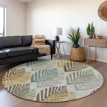 8' Gray Silver And Teal Blue Round Floral Washable Indoor Outdoor Area Rug