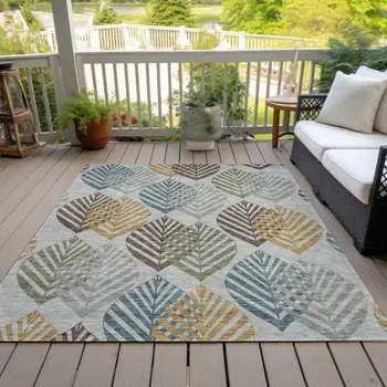 9' X 12' Gray Silver And Teal Blue Floral Washable Indoor Outdoor Area Rug