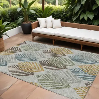 10' X 14' Gray Silver And Teal Blue Floral Washable Indoor Outdoor Area Rug