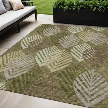 5' X 8' Olive Green Artichoke Green And Gray Floral Washable Indoor Outdoor Area Rug
