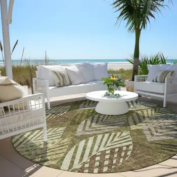 8' Olive Green Artichoke Green And Gray Round Floral Washable Indoor Outdoor Area Rug