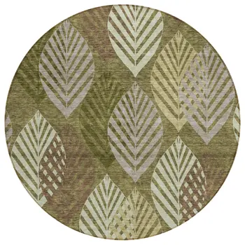8' Olive Green Artichoke Green And Gray Round Floral Washable Indoor Outdoor Area Rug
