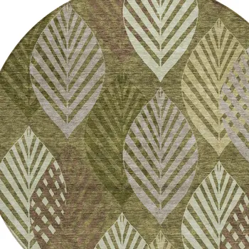 8' Olive Green Artichoke Green And Gray Round Floral Washable Indoor Outdoor Area Rug