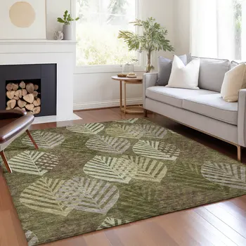 8' X 10' Olive Green Artichoke Green And Gray Floral Washable Indoor Outdoor Area Rug
